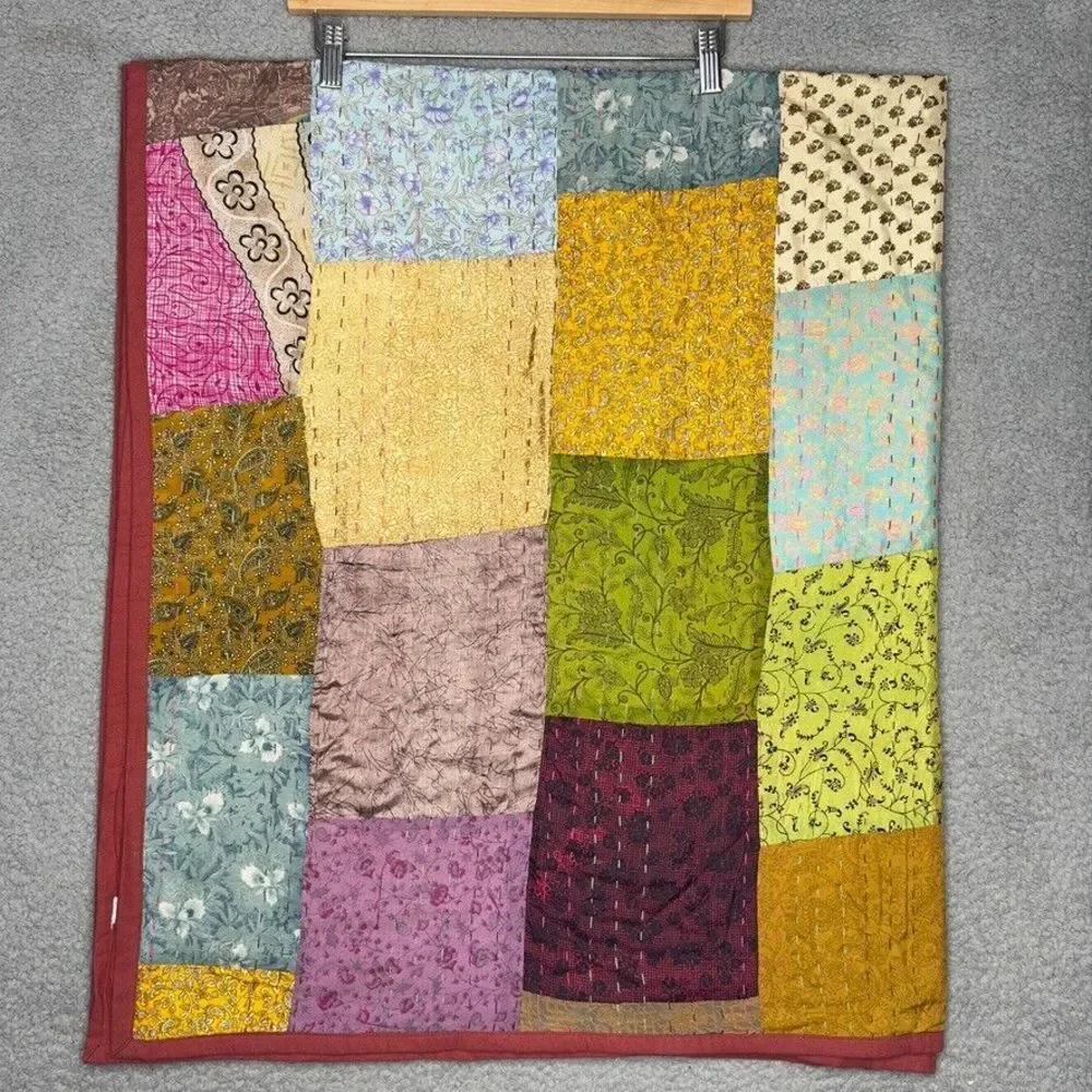Hand Stitched Quilt Blanket Patchwork Multicolor Rust Fall Tones 59